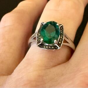 Green lab created emerald w/green diamond rhodium over sterling. Size 7.